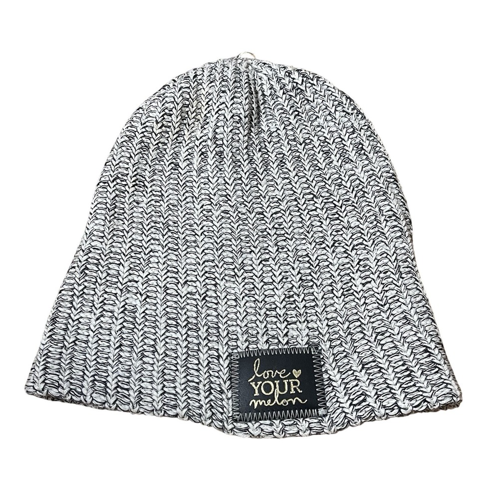 LOVE YOUR‎ MELON Grey Speckled Cotton USA OVERSIZED Beanie Hat Leather Patch